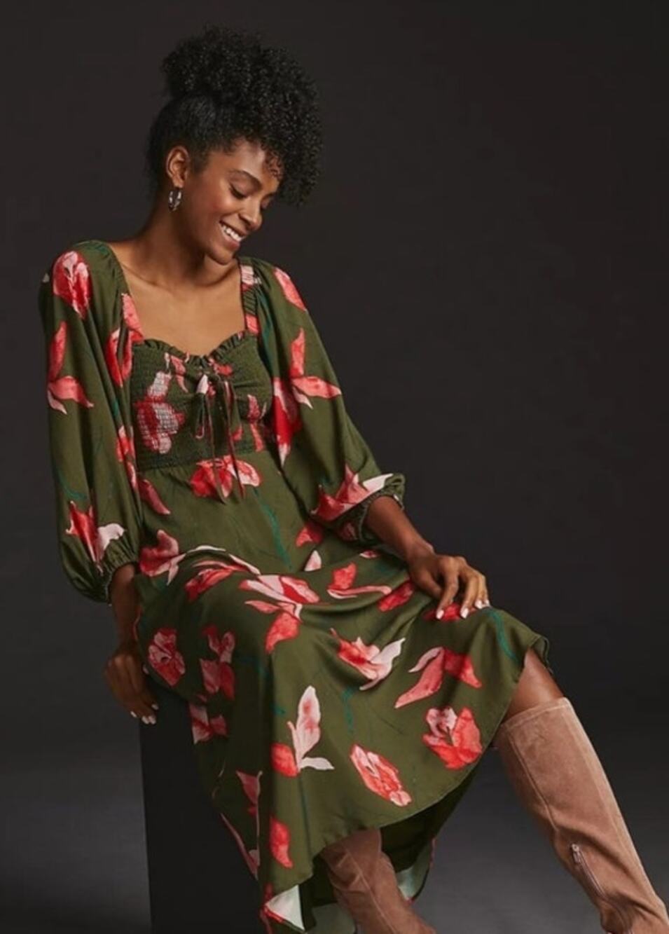 Hutch Floral Midi Dress Olive Green | Smocked Bodice Puff Sleeve Cottagecore M